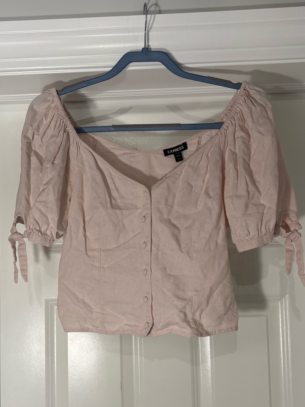 Express Light Pink Puff Sleeve Button-Front Blouse